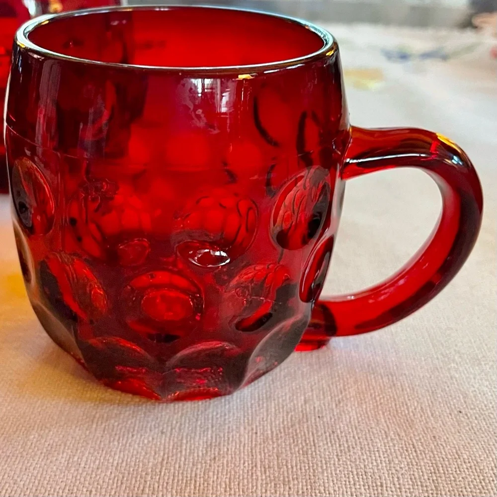Vintage Ruby Red Mid-century Modern Glass Thumbprint Mugs. Set of 3. 8oz.